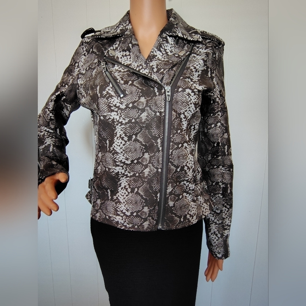 Colleen Lopez Black and Brown Snake Print Faux Leather Jacket Size S